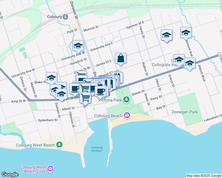 map of restaurants, bars, coffee shops, grocery stores, and more near 36 King Street East in Cobourg
