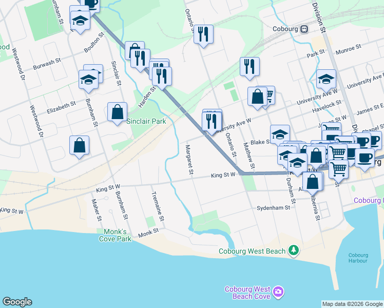 map of restaurants, bars, coffee shops, grocery stores, and more near 374 Margaret Street in Cobourg