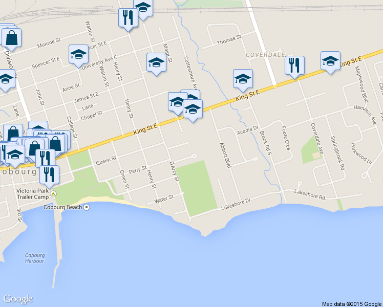 map of restaurants, bars, coffee shops, grocery stores, and more near 304 Lakeview Court in Cobourg