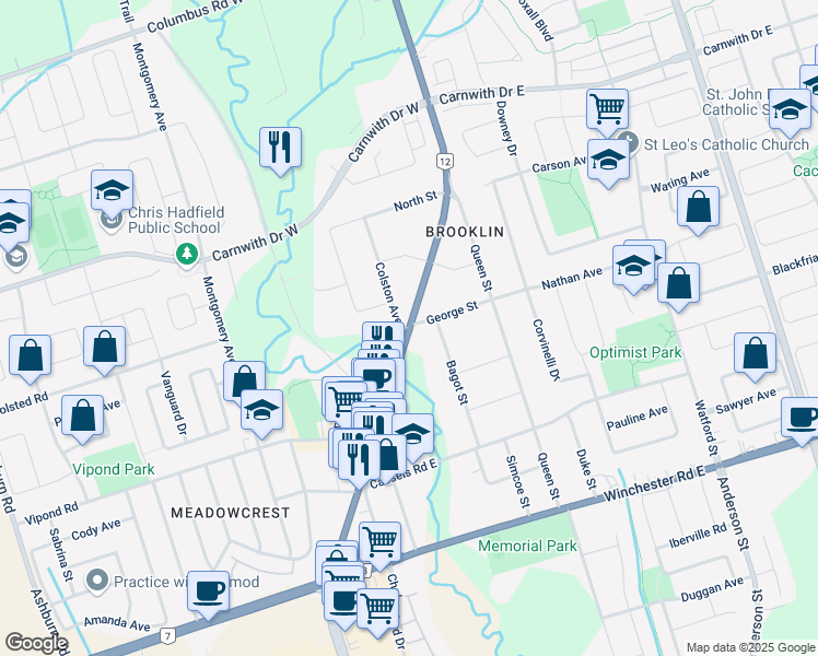 map of restaurants, bars, coffee shops, grocery stores, and more near Ontario 12 in Whitby