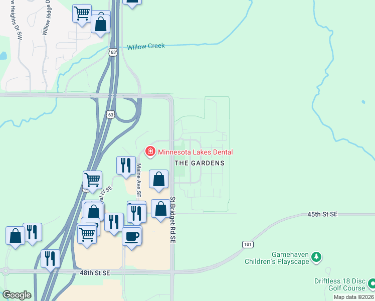 map of restaurants, bars, coffee shops, grocery stores, and more near 4213 Fern Avenue Southeast in Rochester