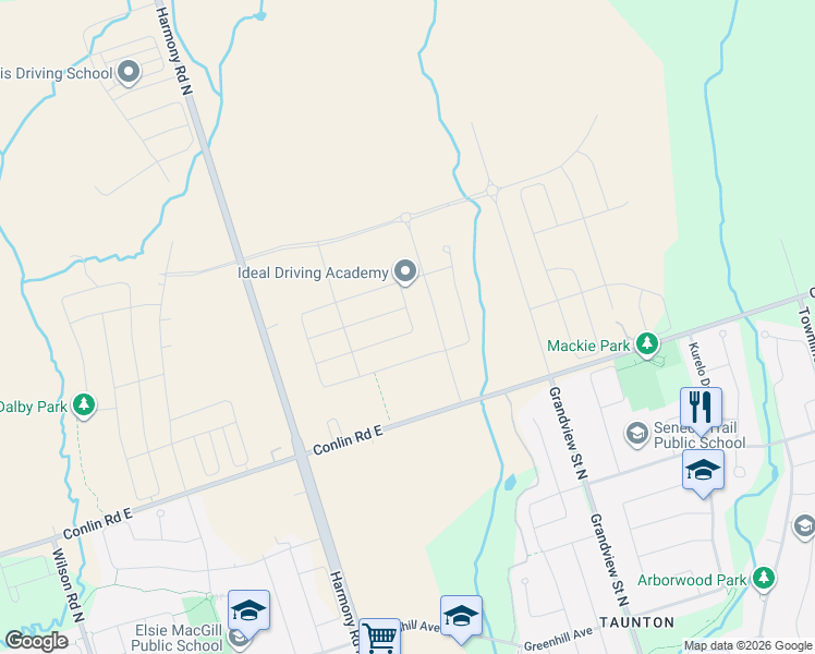 map of restaurants, bars, coffee shops, grocery stores, and more near 1222 Plymouth Drive in Oshawa