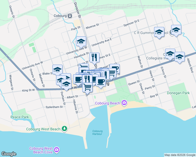 map of restaurants, bars, coffee shops, grocery stores, and more near 253 Division Street in Cobourg