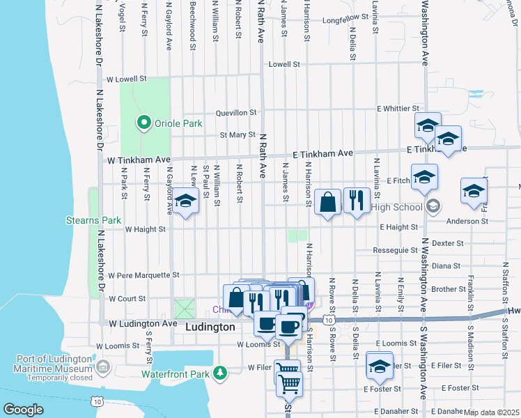 map of restaurants, bars, coffee shops, grocery stores, and more near 409 North Rath Avenue in Ludington