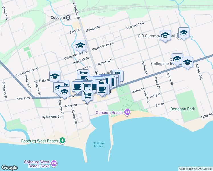 map of restaurants, bars, coffee shops, grocery stores, and more near in Cobourg