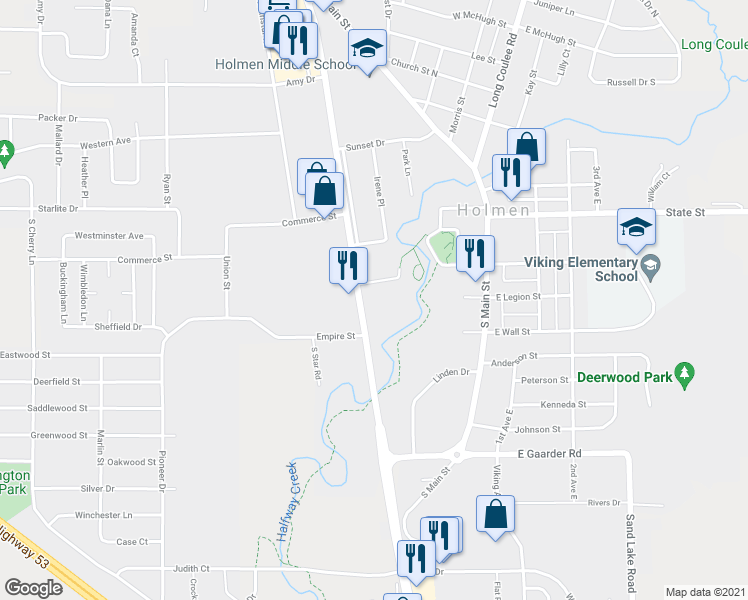 map of restaurants, bars, coffee shops, grocery stores, and more near 205 South Holmen Drive in Holmen