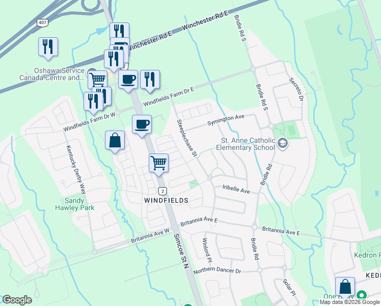 map of restaurants, bars, coffee shops, grocery stores, and more near 2446 Steeplechase Street in Oshawa