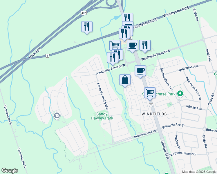 map of restaurants, bars, coffee shops, grocery stores, and more near 2533 Snow Knight Drive in Oshawa