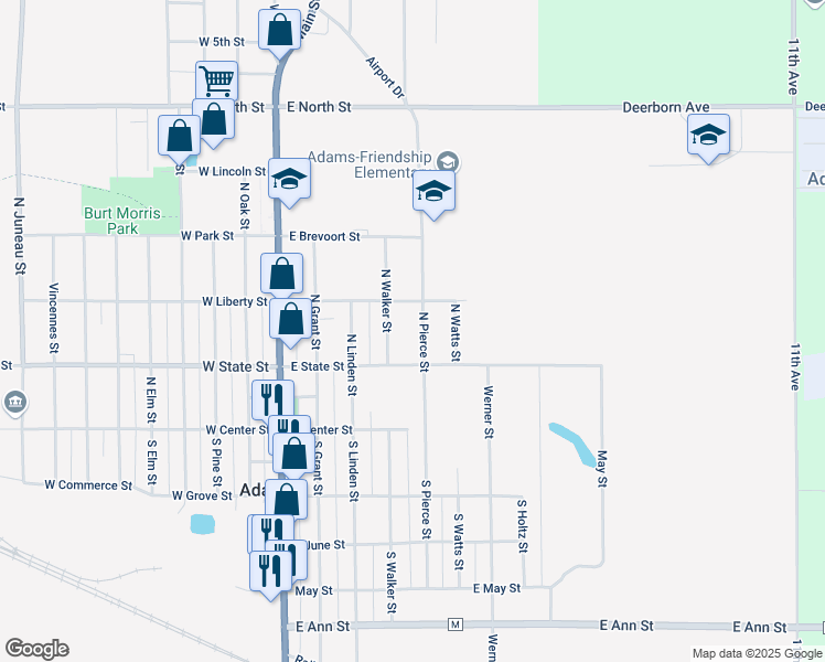 map of restaurants, bars, coffee shops, grocery stores, and more near 225 North Pierce Street in Adams