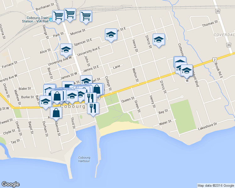 map of restaurants, bars, coffee shops, grocery stores, and more near 216 Church Street in Cobourg
