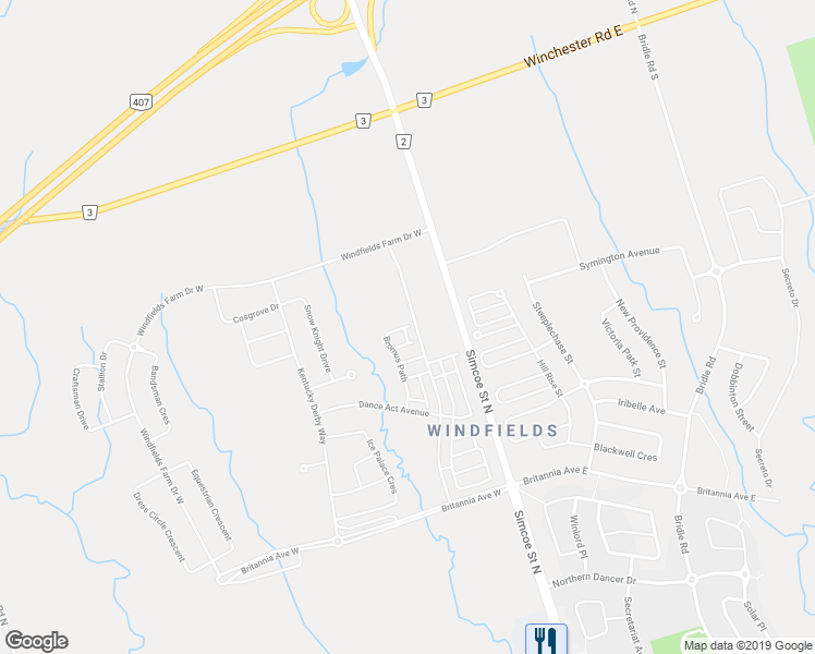 map of restaurants, bars, coffee shops, grocery stores, and more near 2550 Bromus Path in Oshawa