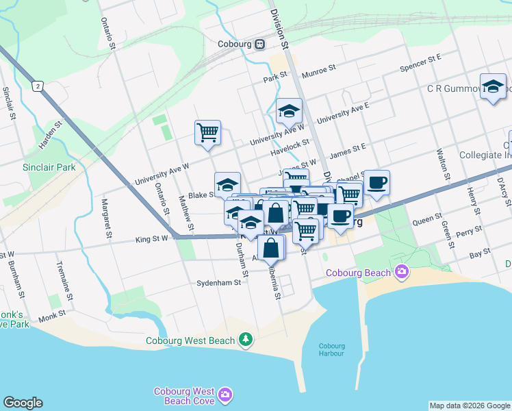 map of restaurants, bars, coffee shops, grocery stores, and more near in Cobourg