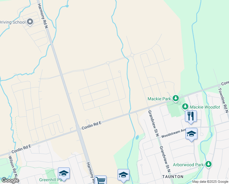 map of restaurants, bars, coffee shops, grocery stores, and more near 1076-1298 Conlin Road East in Oshawa