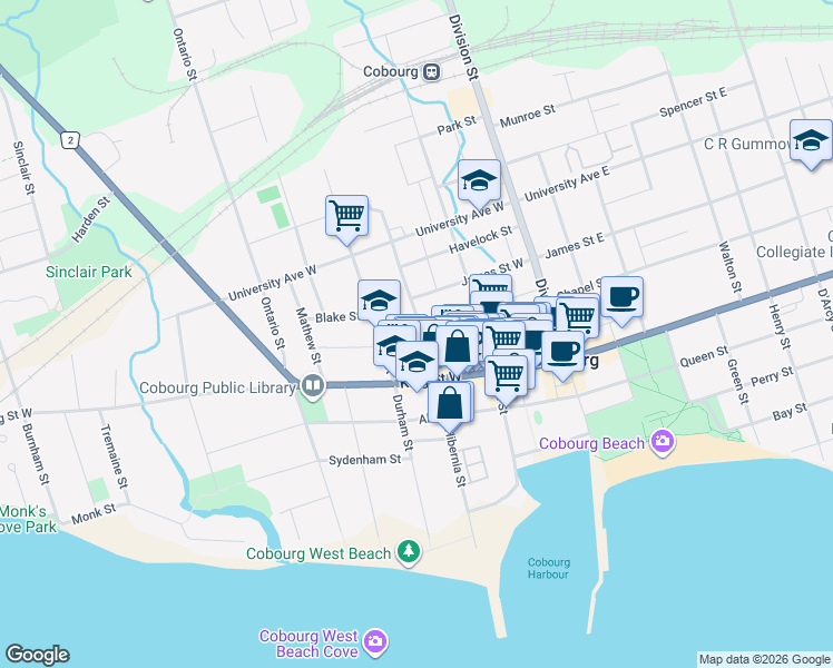 map of restaurants, bars, coffee shops, grocery stores, and more near in Cobourg