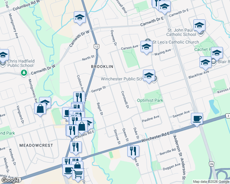 map of restaurants, bars, coffee shops, grocery stores, and more near 73 Queen Street in Whitby