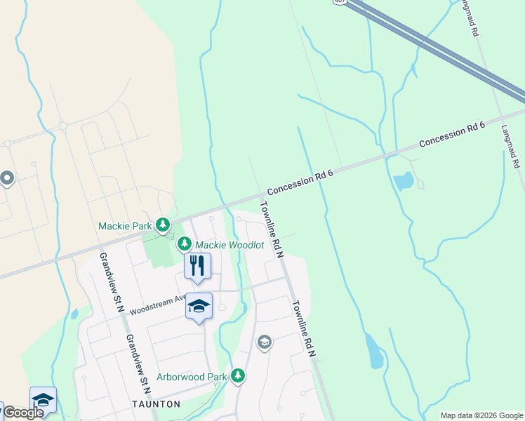 map of restaurants, bars, coffee shops, grocery stores, and more near 2030 Townline Road North in Oshawa