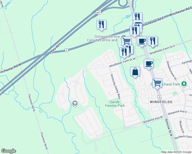 map of restaurants, bars, coffee shops, grocery stores, and more near 243 Cosgrove Drive in Oshawa