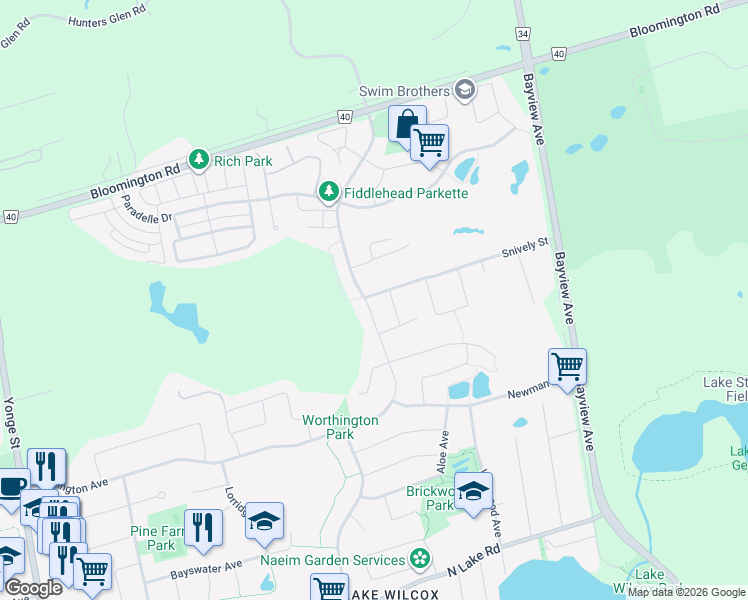 map of restaurants, bars, coffee shops, grocery stores, and more near 333 Worthington Avenue in Richmond Hill