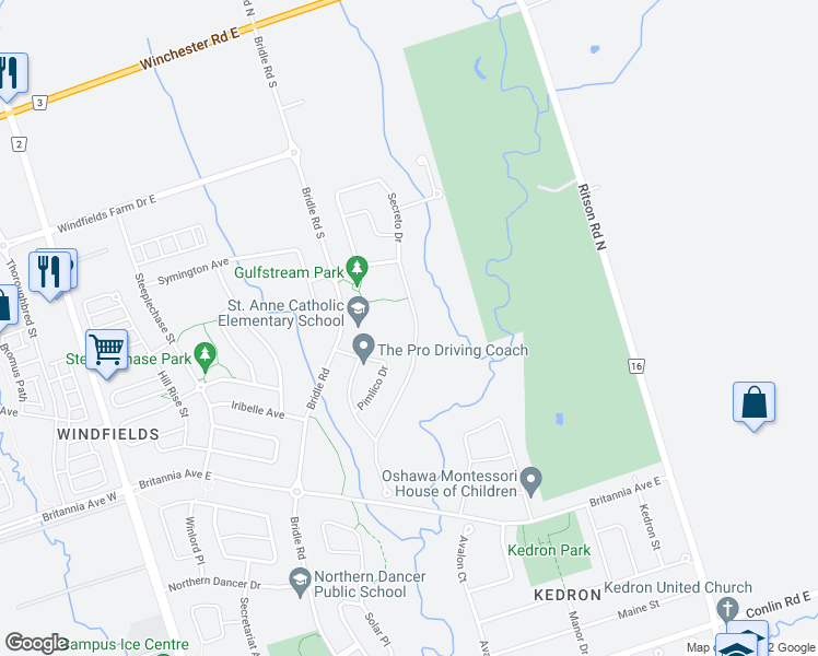 map of restaurants, bars, coffee shops, grocery stores, and more near 2400 Secreto Drive in Oshawa