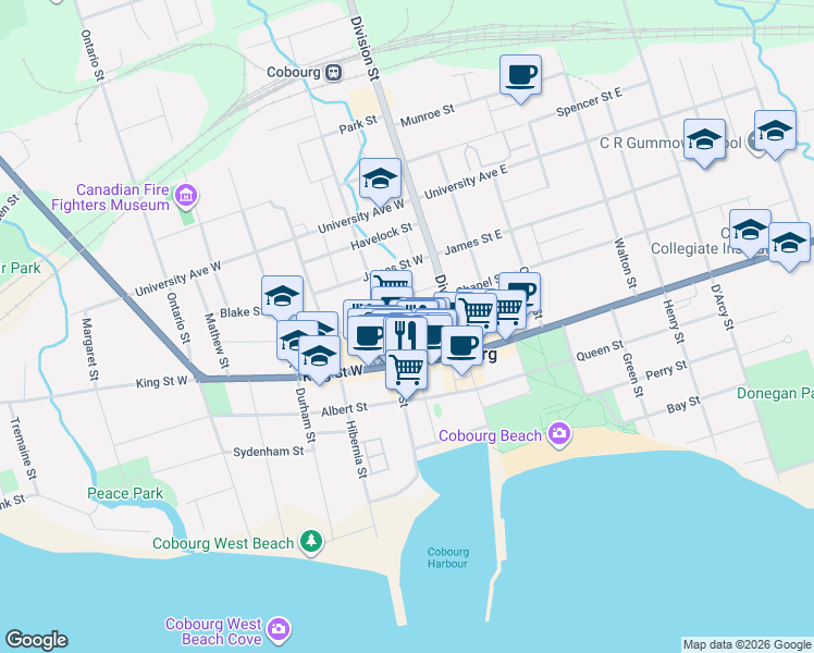 map of restaurants, bars, coffee shops, grocery stores, and more near 38 Covert Street in Cobourg
