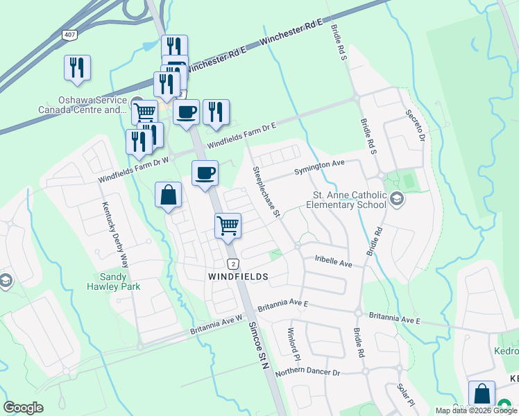 map of restaurants, bars, coffee shops, grocery stores, and more near 2446 Steeplechase Street in Oshawa