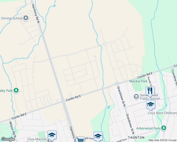 map of restaurants, bars, coffee shops, grocery stores, and more near 1263 Plymouth Drive in Oshawa