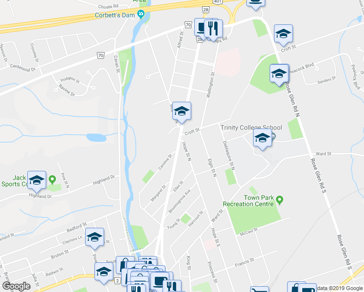 map of restaurants, bars, coffee shops, grocery stores, and more near 112 Hope Street North in Port Hope