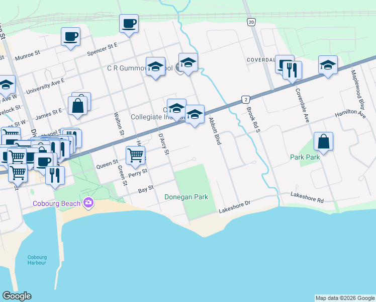 map of restaurants, bars, coffee shops, grocery stores, and more near 304 Lakeview Court in Cobourg