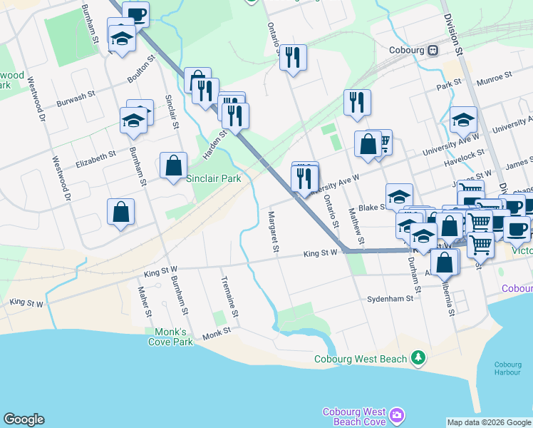 map of restaurants, bars, coffee shops, grocery stores, and more near 391 Margaret Street in Cobourg