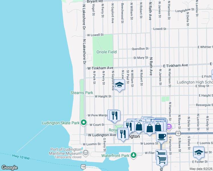 map of restaurants, bars, coffee shops, grocery stores, and more near 421 North Gaylord Avenue in Ludington