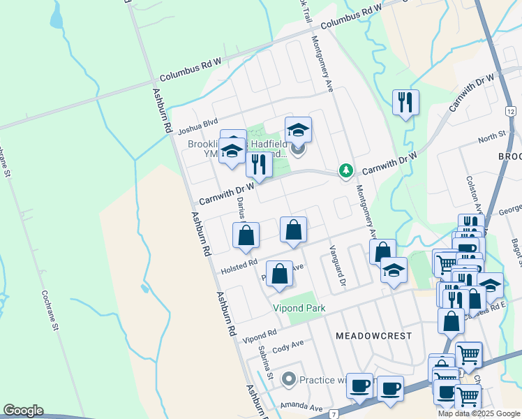 map of restaurants, bars, coffee shops, grocery stores, and more near 18 Solford Drive in Whitby