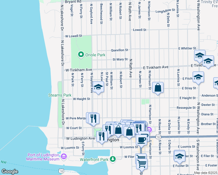 map of restaurants, bars, coffee shops, grocery stores, and more near 423 North William Street in Ludington