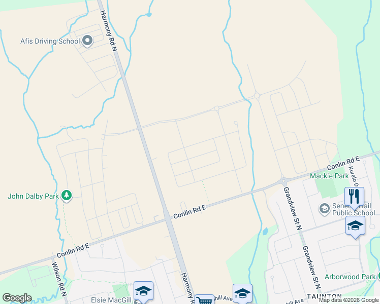 map of restaurants, bars, coffee shops, grocery stores, and more near 2143 Hallandale Street in Oshawa