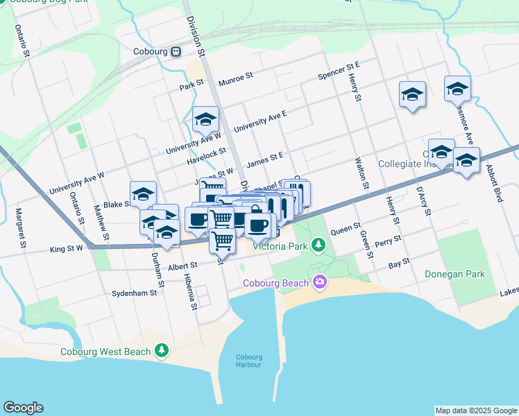 map of restaurants, bars, coffee shops, grocery stores, and more near in Cobourg