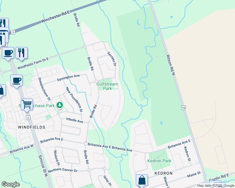 map of restaurants, bars, coffee shops, grocery stores, and more near 2400 Secreto Drive in Oshawa