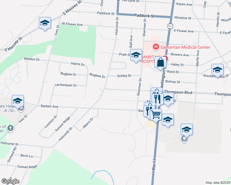 map of restaurants, bars, coffee shops, grocery stores, and more near 258 Elm Street in Watertown