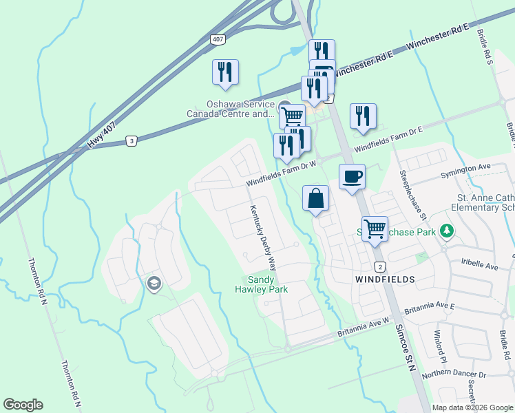 map of restaurants, bars, coffee shops, grocery stores, and more near 2571 Kentucky Derby Way in Oshawa