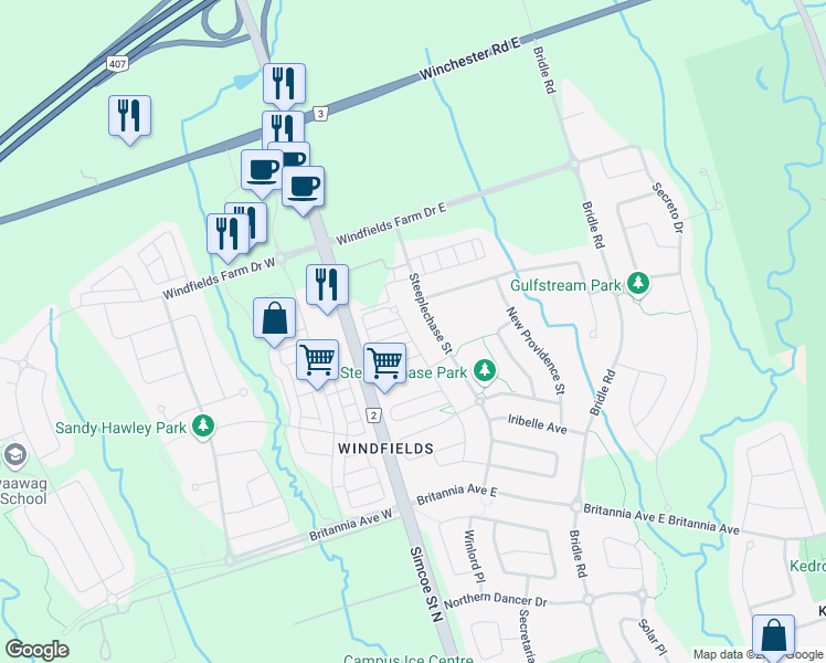 map of restaurants, bars, coffee shops, grocery stores, and more near 2471 Hill Rise Court in Oshawa