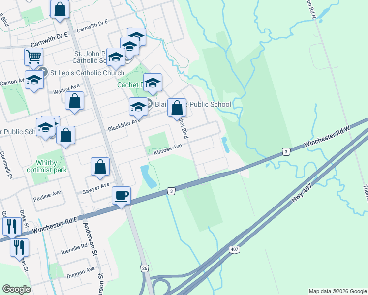 map of restaurants, bars, coffee shops, grocery stores, and more near 3 Kinross Avenue in Whitby
