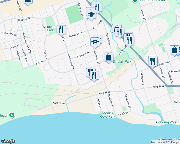 map of restaurants, bars, coffee shops, grocery stores, and more near 400 Westwood Drive in Cobourg