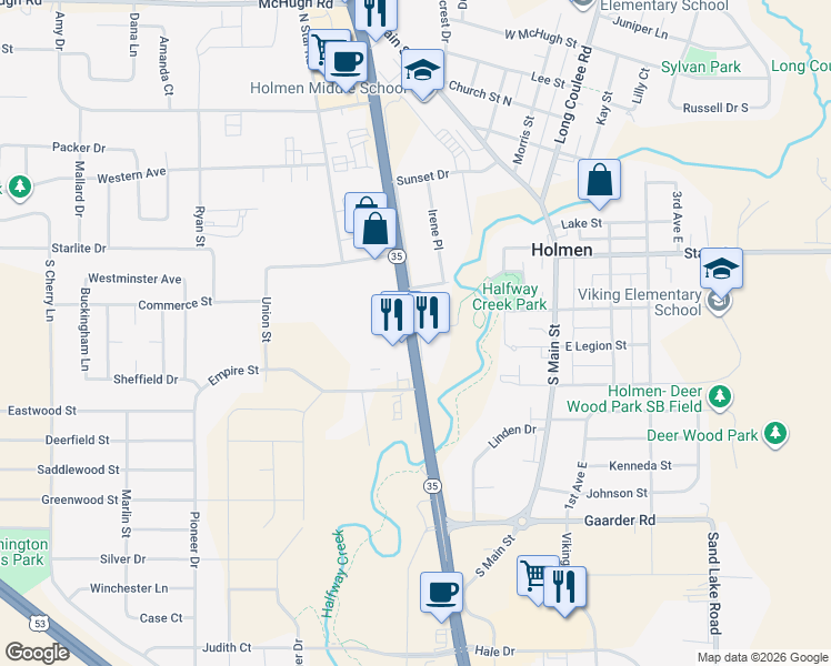 map of restaurants, bars, coffee shops, grocery stores, and more near 205 South Holmen Drive in Holmen