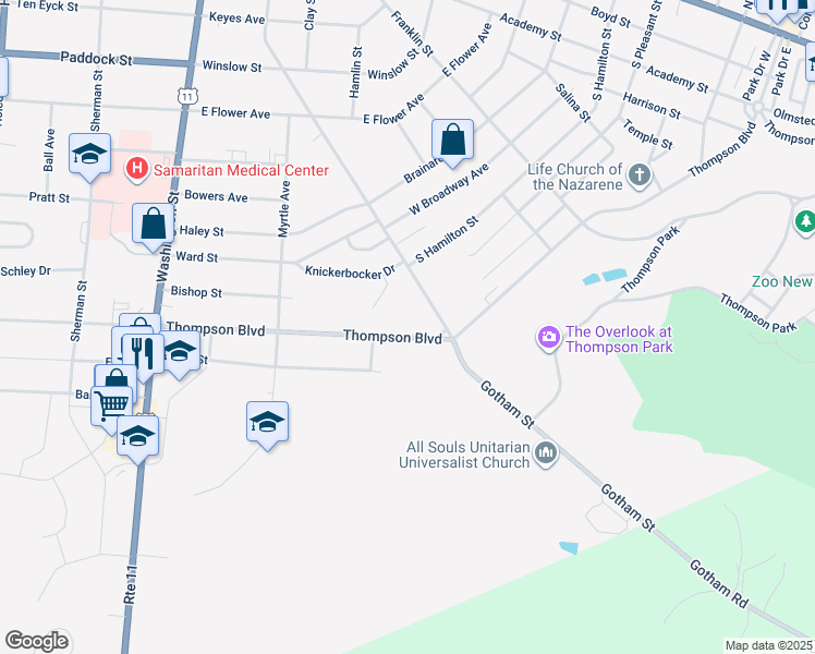 map of restaurants, bars, coffee shops, grocery stores, and more near 287 Thompson Boulevard in Watertown