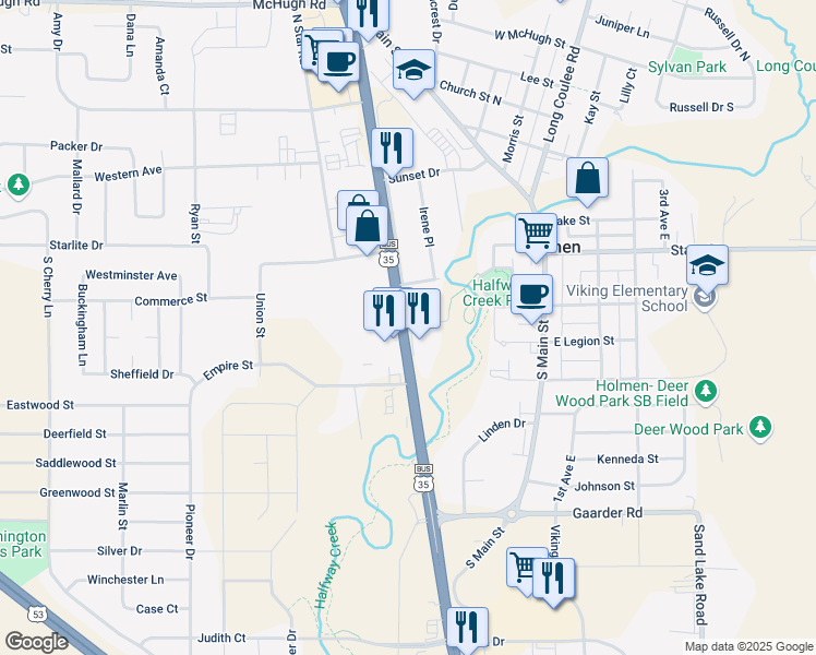 map of restaurants, bars, coffee shops, grocery stores, and more near 205 South Holmen Drive in Holmen
