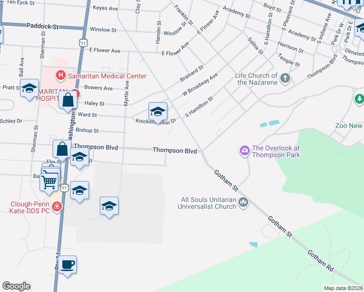 map of restaurants, bars, coffee shops, grocery stores, and more near 286 Thompson Boulevard in Watertown