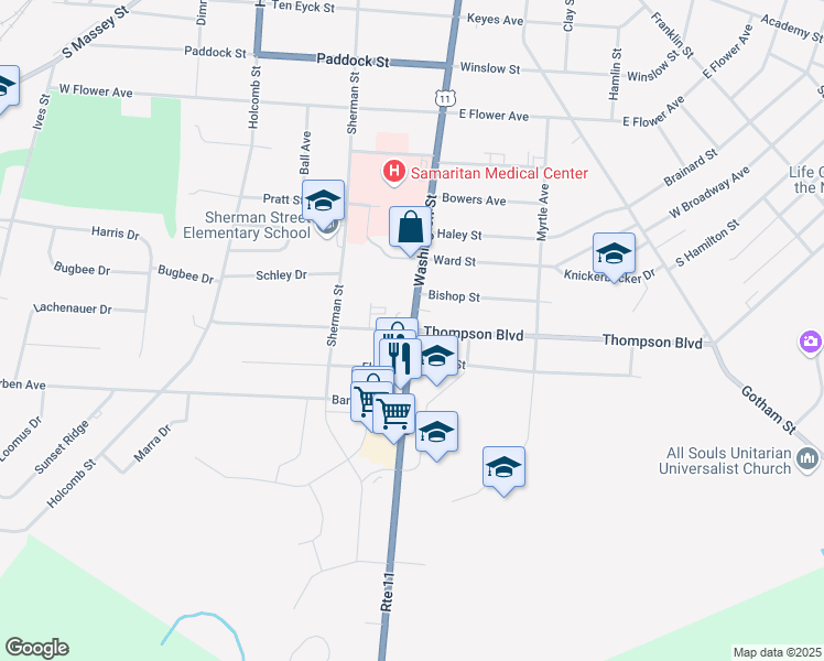 map of restaurants, bars, coffee shops, grocery stores, and more near Washington Street & Thompson Boulevard in Watertown