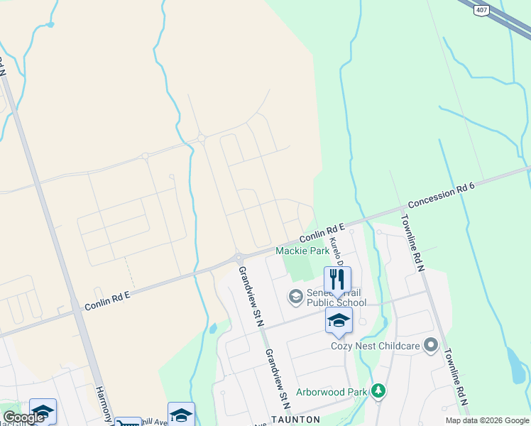 map of restaurants, bars, coffee shops, grocery stores, and more near 2004 Horace Duncan Crescent in Oshawa