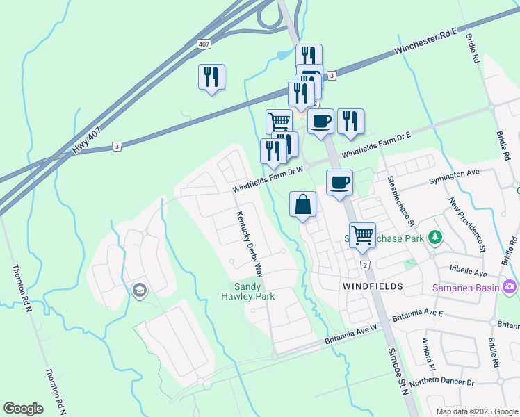 map of restaurants, bars, coffee shops, grocery stores, and more near 2533 Snow Knight Drive in Oshawa