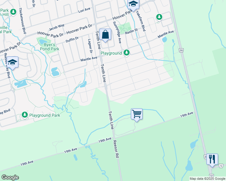 map of restaurants, bars, coffee shops, grocery stores, and more near 11619-11809 Tenth Line in Markham