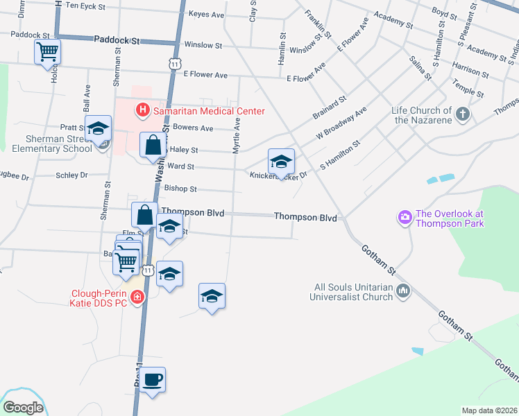 map of restaurants, bars, coffee shops, grocery stores, and more near 222 Thompson Boulevard in Watertown