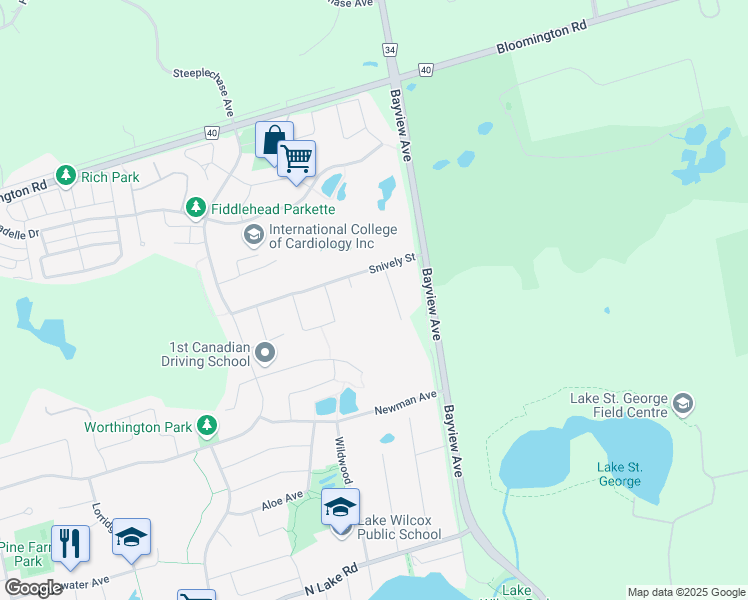 map of restaurants, bars, coffee shops, grocery stores, and more near 65 Snively Street in Richmond Hill